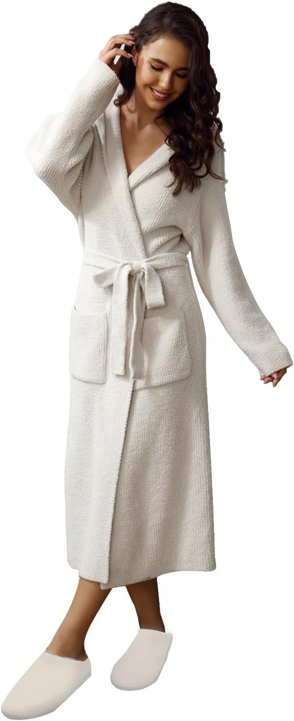 MH MYLUNE HOME Ultra Soft Robe With Pockets, Spa Bathrobe Loungewear Calf-Length, Plush Fuzzy Fluffy Wrap Robe for Women
