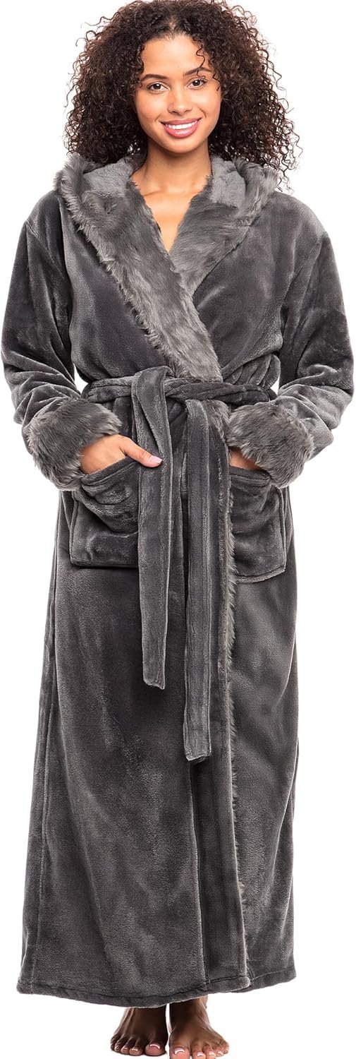 Alexander Del Rossa Women’s Faux Fur Feather Hooded Robe, Soft Plush Fleece Bathrobe with Hood
