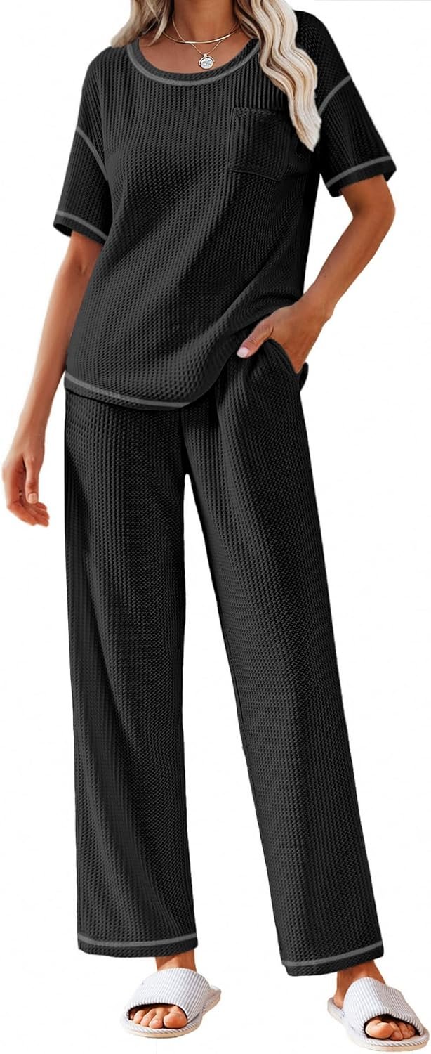 Ekouaer Women Waffle Knit Lounge Sets Short Sleeve Top and Long Pant Pajama Set Loungewear 2 Piece Pjs Set with Pockets