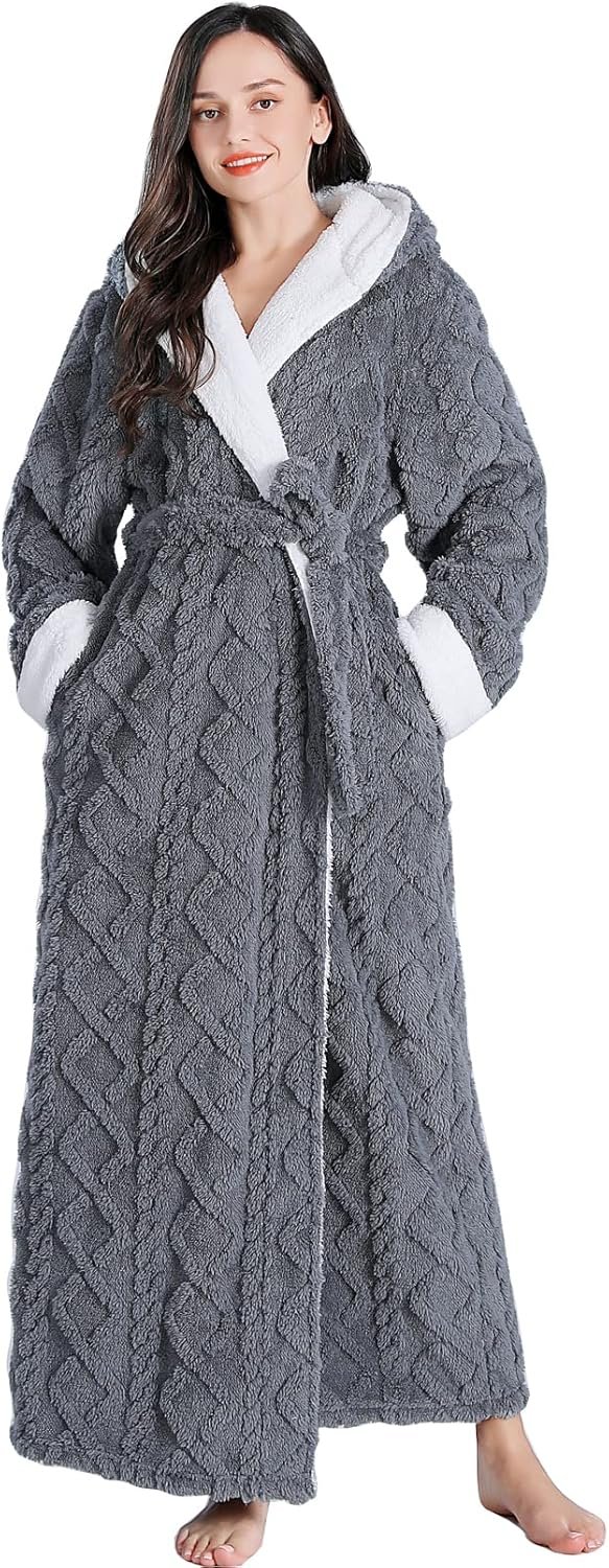 LKG women’s robes long plush hooded ladies shower luxury christmas warm fuzzy robes house coat bathrobe for women full length