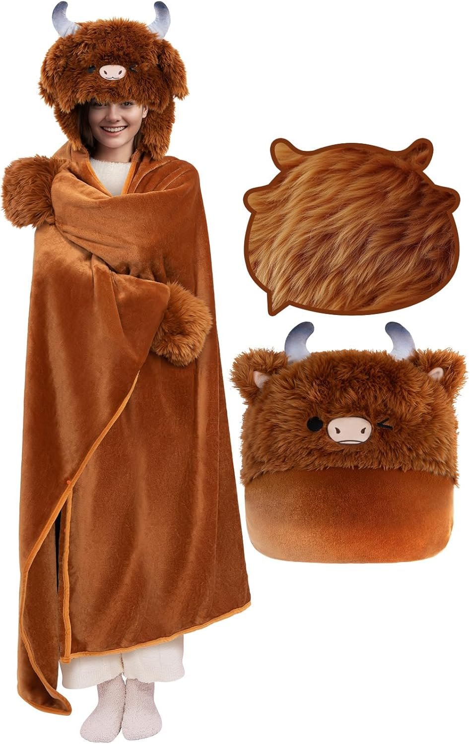 Ultimate Softness Highland Cow Wearable Blanket Hoodie –Expertly Designed for American Body,Full Coverage with Easy Movement, Oversized Warm Cozy Flannel Blanket, Cute Highland Cow Gift for Women