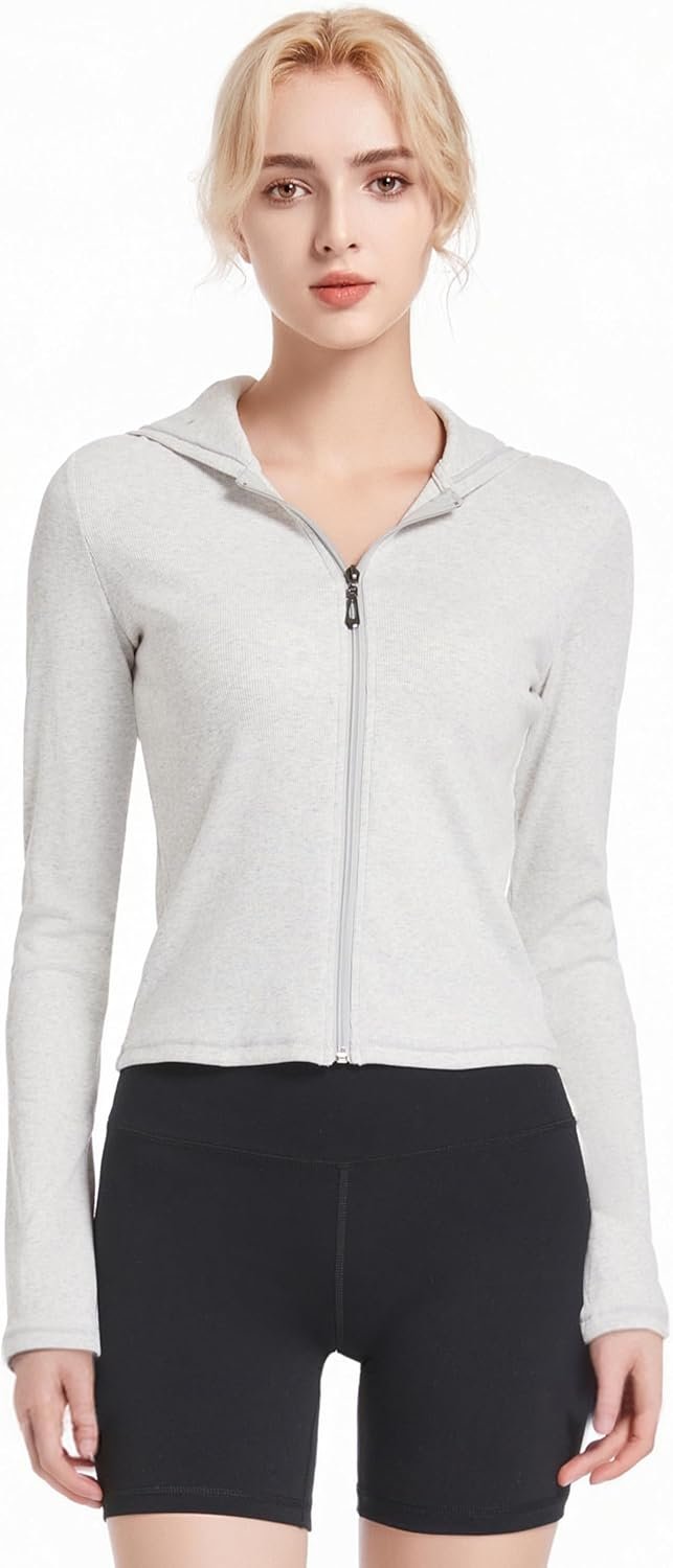 Ribbed Hoodies for Women Lightweight Full Zip Up Jackets Long Sleeves Tops Fitted Cropped Sweatshirt