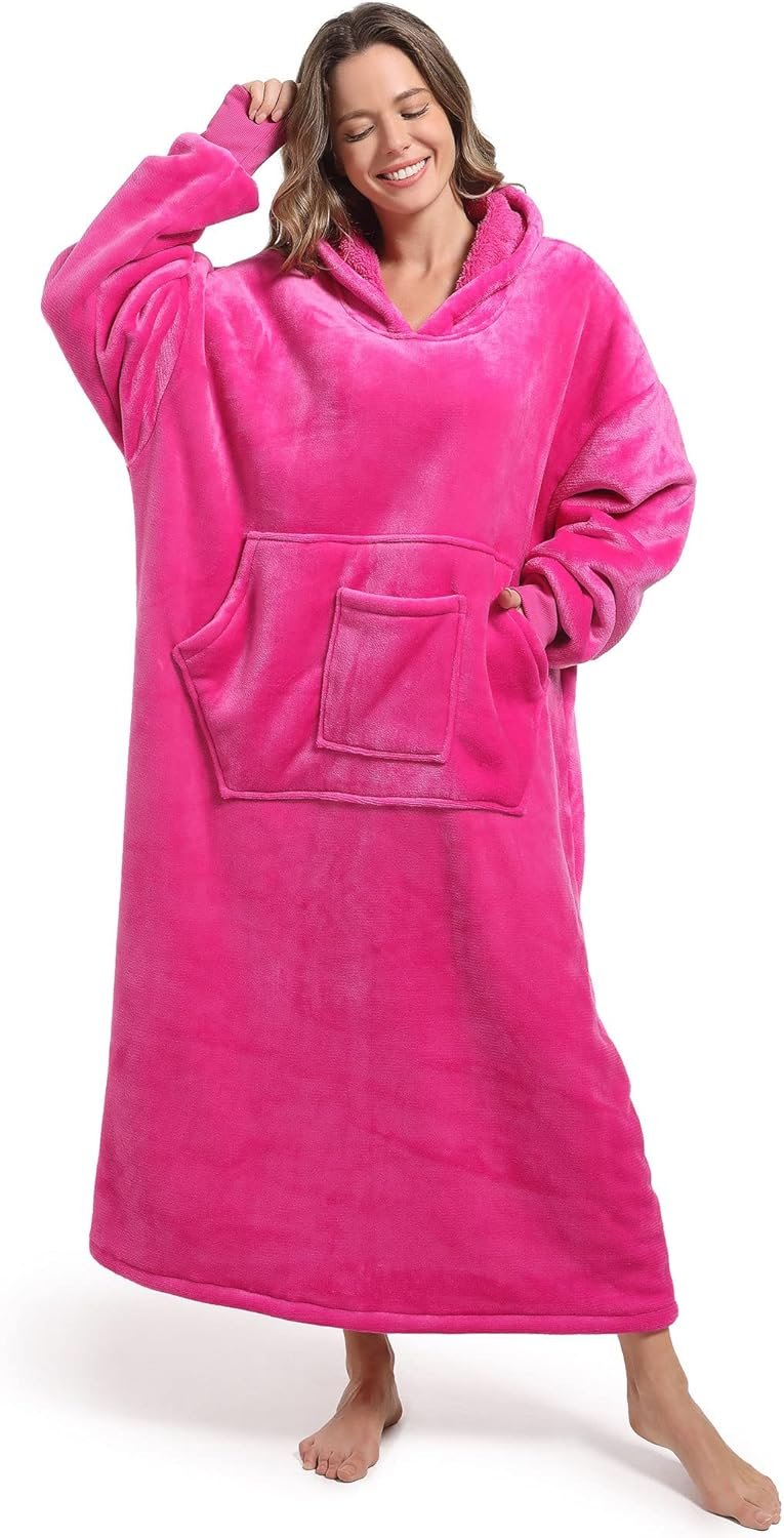 FUSSEDA Oversized Wearable Blanket Sweatshirt, Thick Warm Fleece Cozy Sherpa Hooded with Pockets and Sleeves Gift for Adult