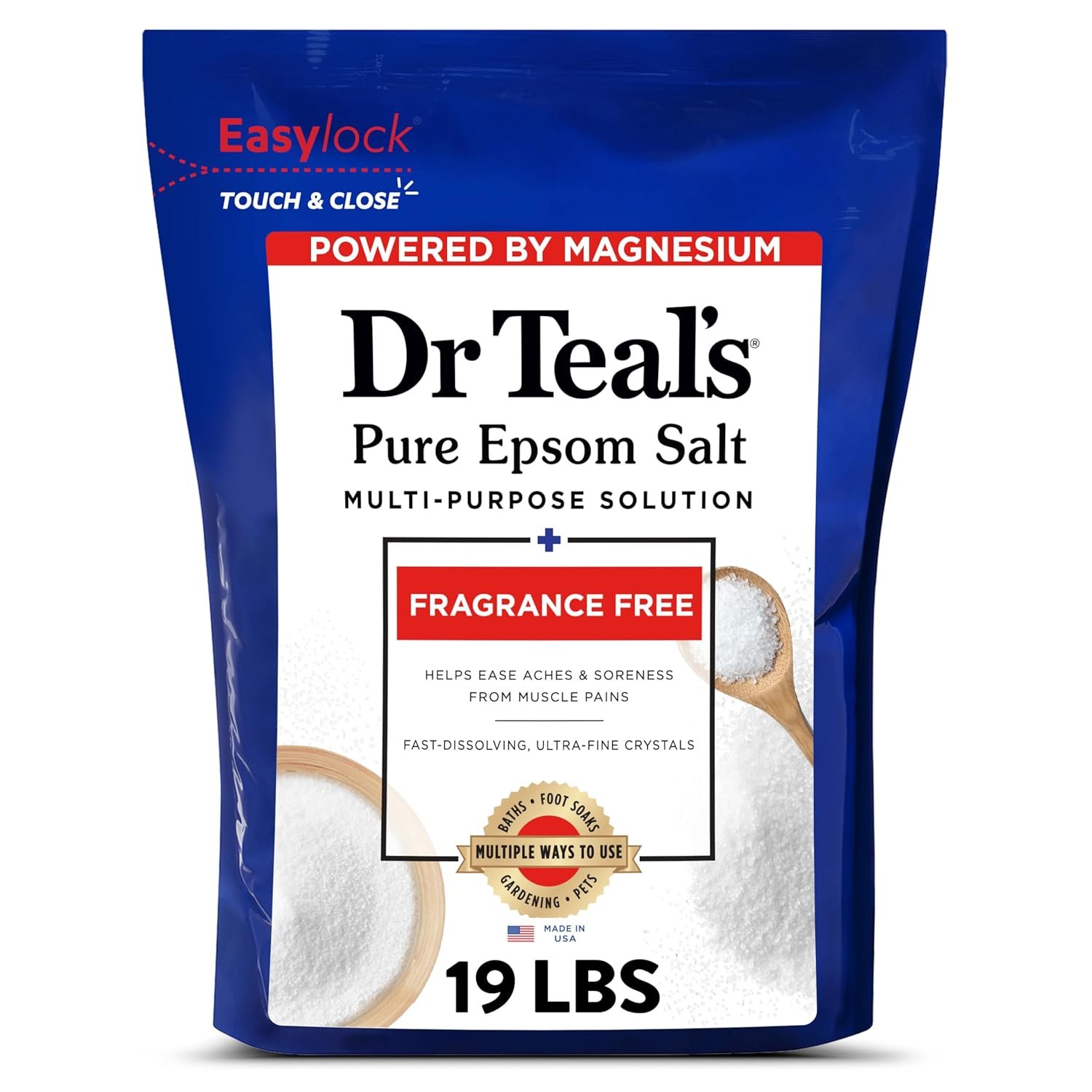 Dr Teal’s Pure Epsom Salt Bulk Magnesium Sulfate USP, Fragrance Free, 19 lbs