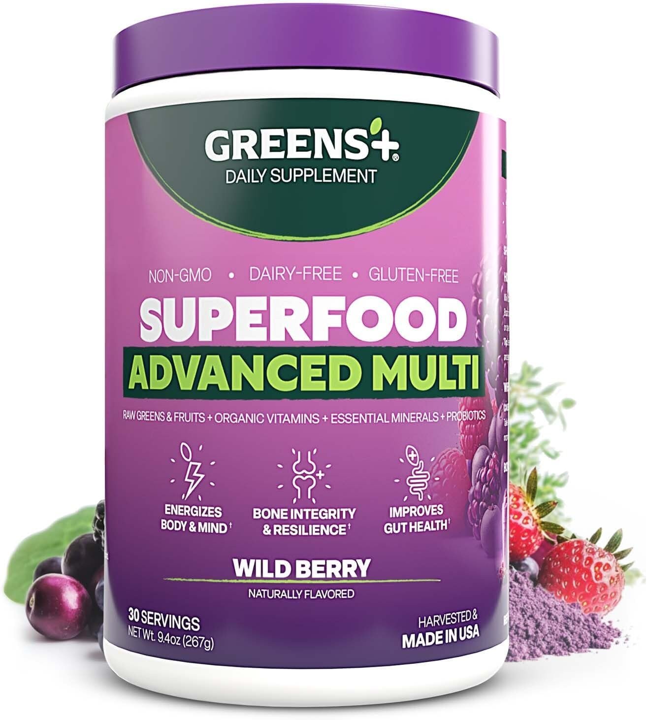 Greens+ Advanced Multi Wild Berry Superfood Powder, Organic Blend, Vegan, Non-GMO, Soy-Free, Dairy-Free, Gluten-Free, Dietary Supplement with Vitamins & Minerals, 9.4 oz