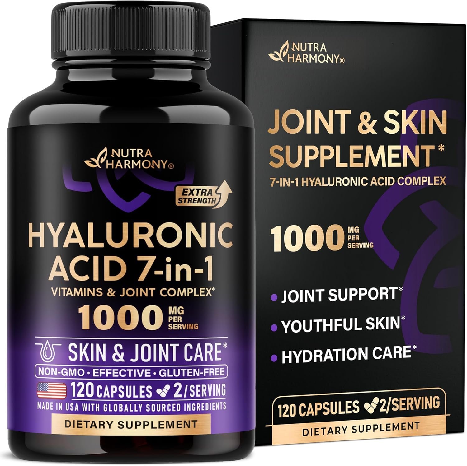 Hyaluronic Acid Supplements 1000 mg – Collagen | MSM | Boswellia | Vitamin D3, C & E – Hyaluronic Acid Capsules – Skin Hydratation & Joint Comfort Support – 7-in-1 Complex – Made in USA – 120 Capsules