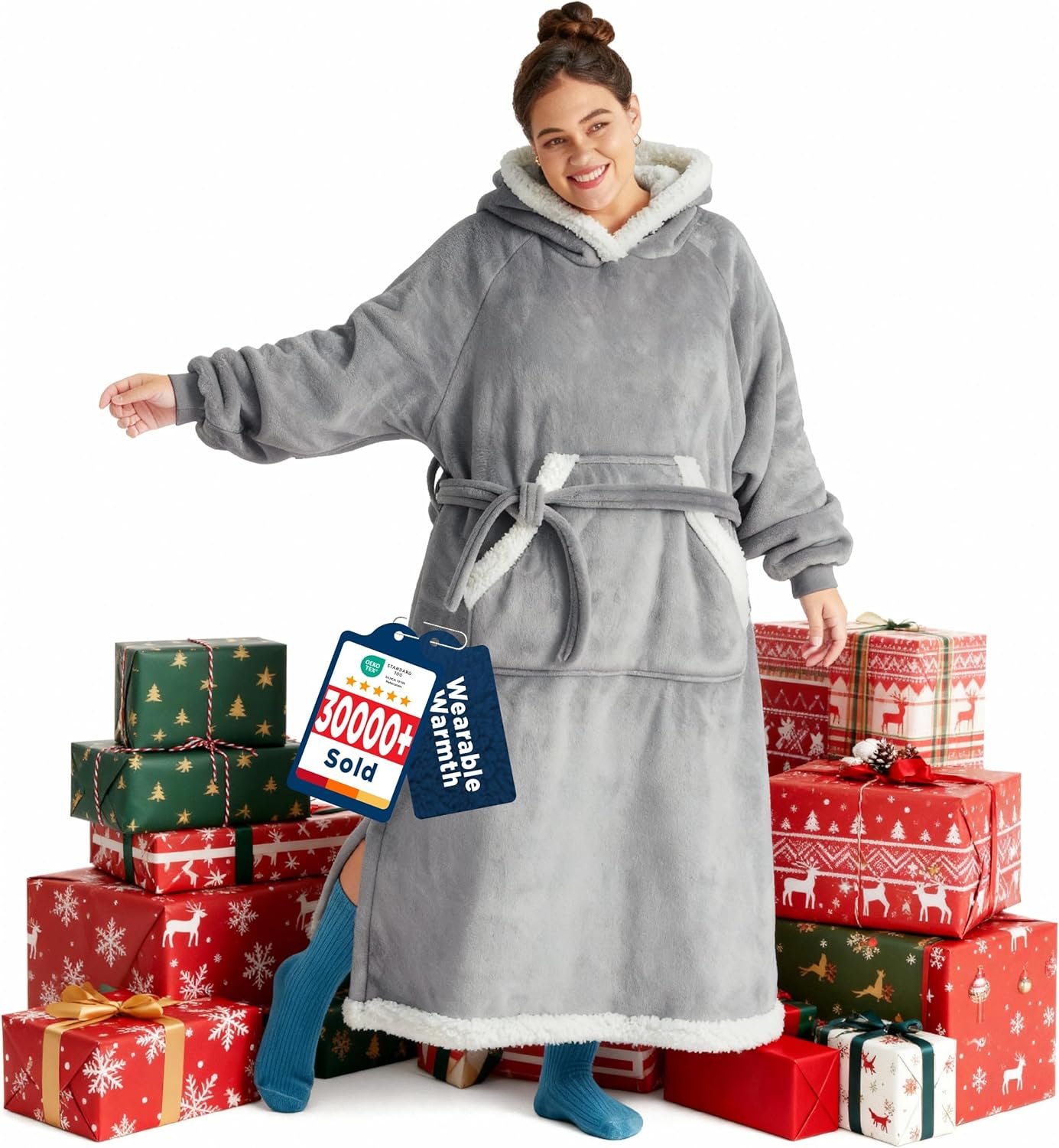 Bedsure Wearable Blanket Hoodie, Long Hooded Blanket Sweatshirt as Christmas Birthday Gifts for Women, Cozy Sherpa Hoodie for Adult, Standard, Grey