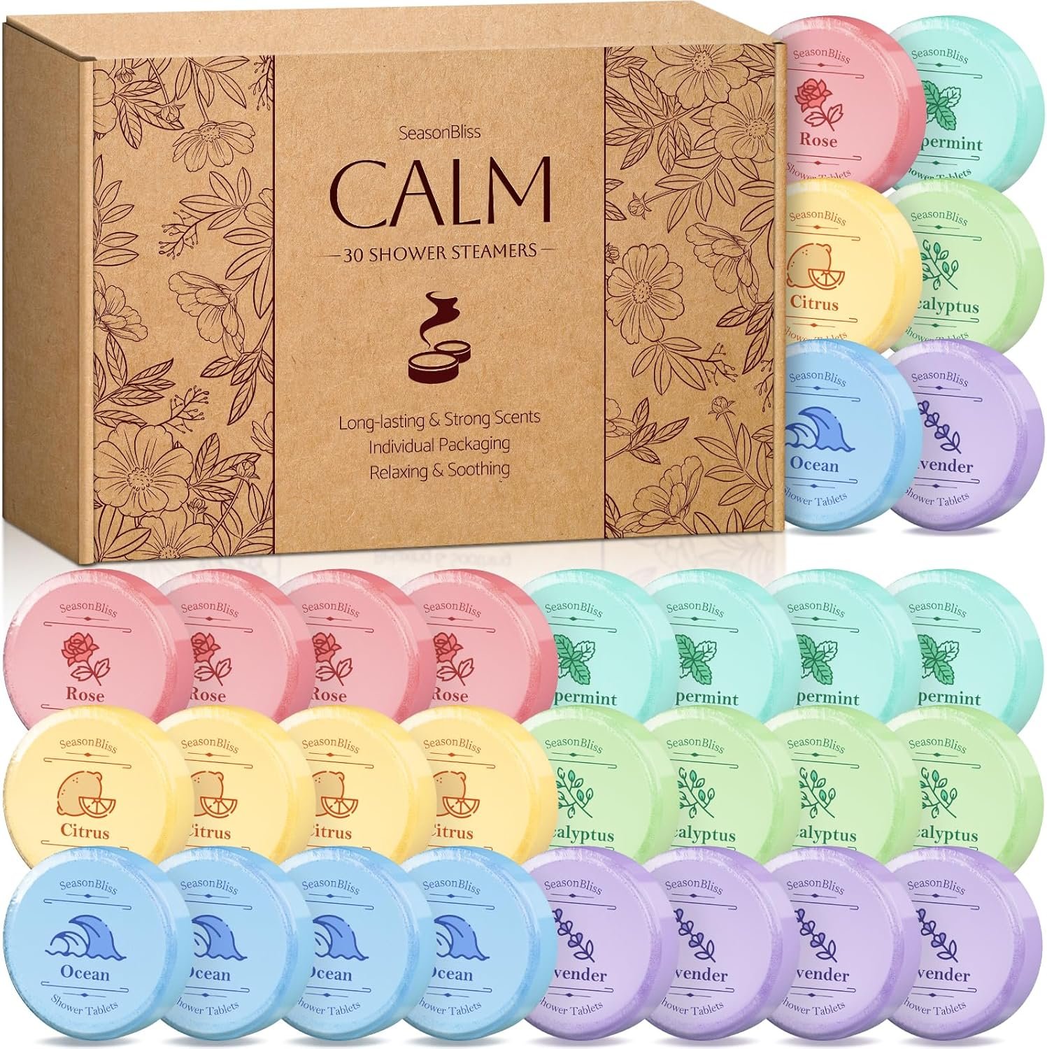Shower Steamers 30 PCS with Individually Wrapped, Shower Bombs for Women with 6 Rich Scents, Rose Peppermint Citrus Eucalyptus Ocean Lavender, Christmas Birthday Mother’s Day Present for Mom Wife Men